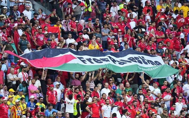 Supporters of Tunisia hold a flag that reads 'Free Palestine' during the World Cup group D soccer match between Tunisia and Australia at the Al Janoub Stadium in Al Wakrah, Qatar, November 26, 2022. (AP/Petr David Josek)