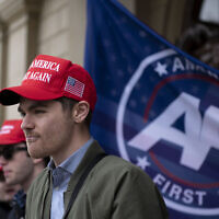 Nick Fuentes, far-right activist, holds a rally at the Lansing Capitol, in Lansing, Michigan, November 11, 2020. (Nicole Hester/ Ann Arbor News via AP)