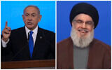 Likud chairman Benjamin Netanyahu (L) speaks to his supporters after the release of exit poll results in Jerusalem, November 2, 2022. Hezbollah Secretary-General Hassan Nasrallah gives an address on official party al-Manar TV on June 8, 2021. (Oren Ziv/AP; Screen capture/ Al-Manar)