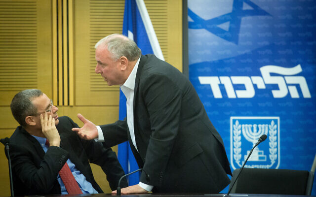 MK Yariv Levin (L) and MK David Amsalem during a Likud party faction meeting at the Knesset on December 25, 2017 (Miriam Alster/Flash90)