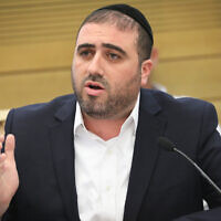 Shas MK Moshe Arbel speaks at the Knesset, on May 27, 2019. (Noam Revkin Fenton/Flash90)