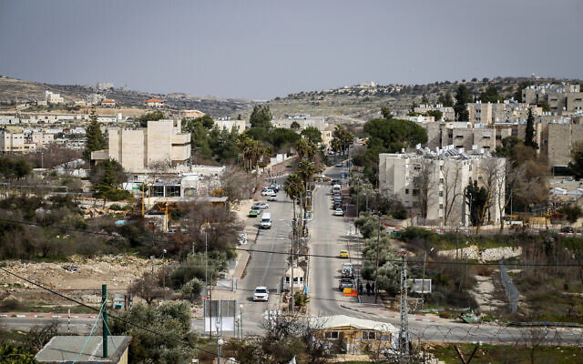 View of the settlement of Kiryat Arba, near the West Bank city of Hebron, February 24, 2022. (Gershon Elinson/Flash90)