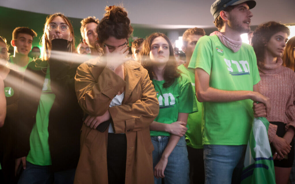 Meretz party supporters react as the results of the Israeli elections are announced, in Jerusalem November 1, 2022. (Flash90)