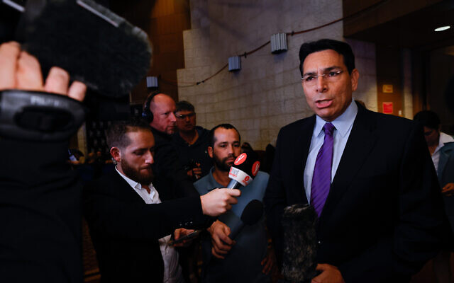 Likud party member Danny Danon speaks to press as the results of the elections are announced, in Jerusalem November 1, 2022. (Olivier Fitoussi/Flash90)
