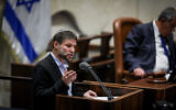 Religious Zionist party head MK Bezalel Smotrich speaks at the plenum hall during a memorial ceremony marking 27 years since the assassination of Prime Minister Yitzhak Rabin, at the Knesset in Jerusalem on November 6, 2022. (Noam Revkin Fenton/Flash90)