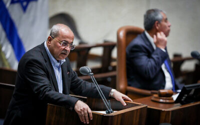 MK Ahmad Tibi speaks in the Knesset plenum during a memorial ceremony marking 27 years since the assassination of former prime minister Yitzhak Rabin, November 6, 2022. (Noam Revkin Fenton/Flash90)
