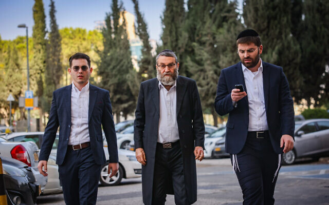 UTJ leader MK Moshe Gafni arrives at coalition talks in Jerusalem on November 6, 2022. (Yonatan Sindel/Flash90)