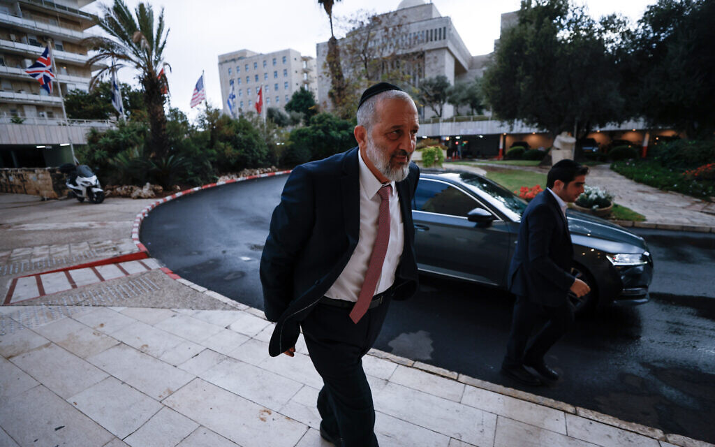 Shas chairman Ariye Deri arrives at coalition talks at a hotel in Jerusalem on November 9, 2022. (Olivier Fitoussi/Flash90)