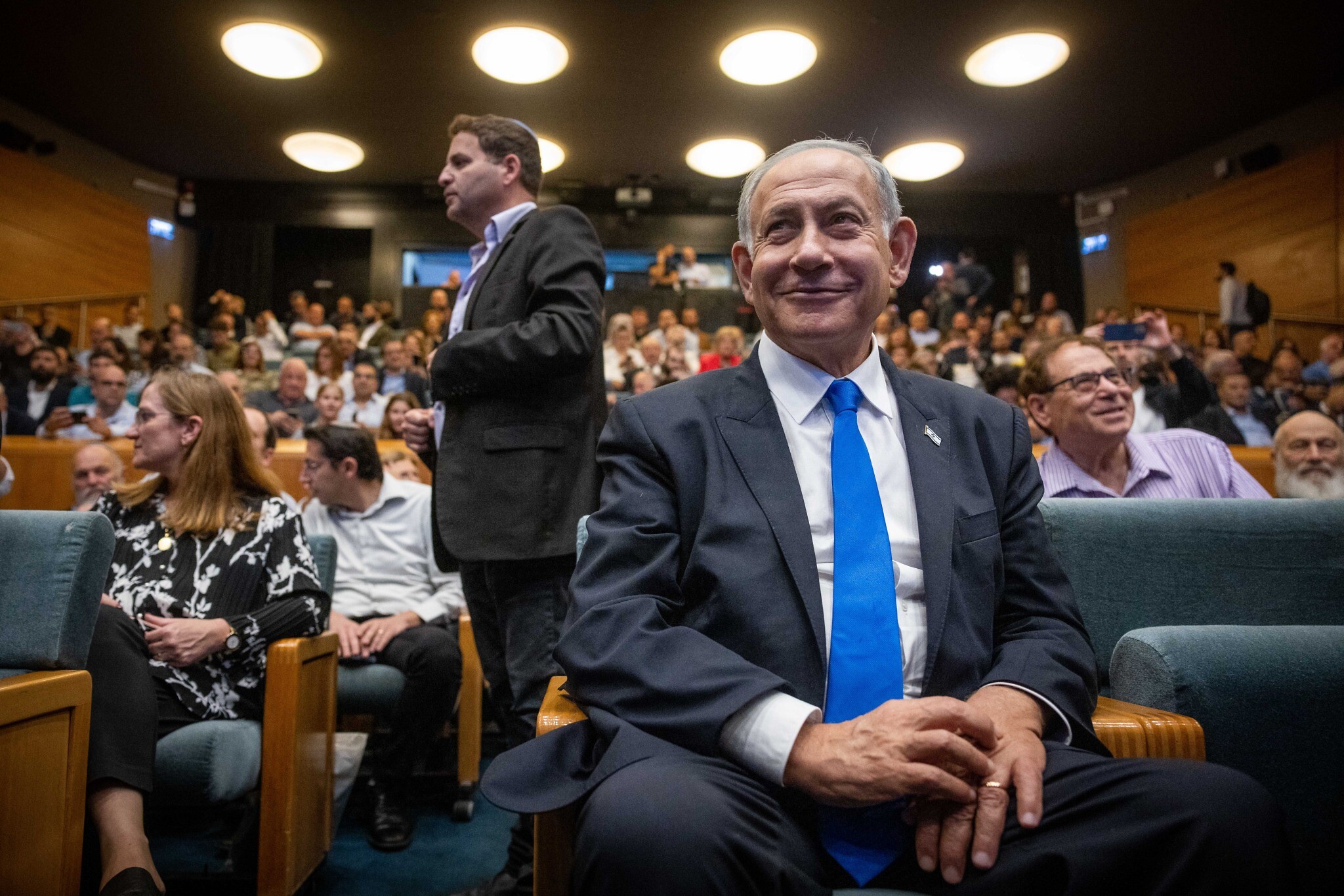 Likud party chairman MK Benjamin Netanyahu at an event for the launch of his autobiography in Jerusalem on November 14, 2022, a day after he was tasked by the president with forming Israel's next government. (Yonatan Sindel/Flash90)