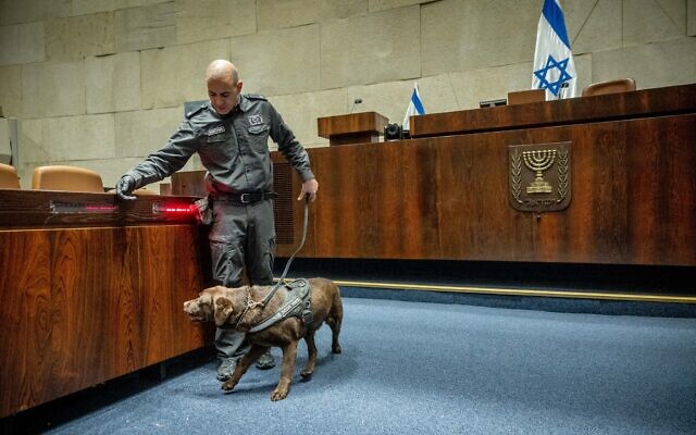 A K9 officer inspects the Knesset plenum ahead of the swearing-in of the new parliament, November 14, 2022. (Yonatan Sindel/Flash90)