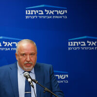 Finance Minister Avigdor Liberman speaks during a faction meeting of his Yisrael Beytenu at the Knesset on November 15, 2022. (Olivier Fitoussi/Flash90)