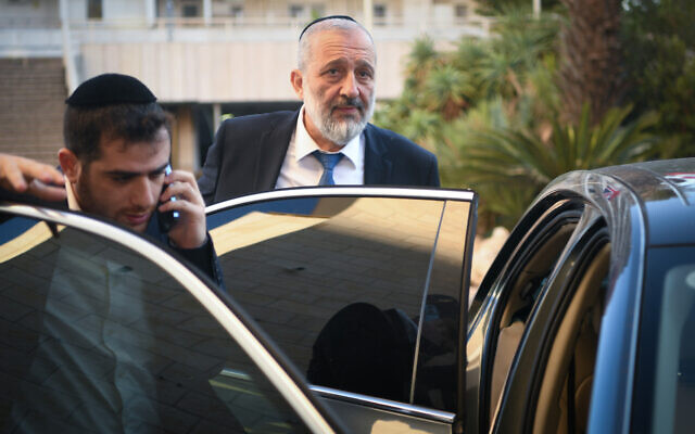 Shas chairman Aryeh Deri leaves a meeting with Prime Minister-designate Benjamin Netanyahu at a hotel in Jerusalem on November 16, 2022. (Arie Leib Abrams/Flash90)