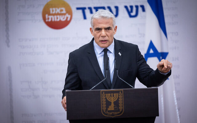 Outgoing Prime Minister and Yesh Atid party leader Yair Lapid speaks during a faction meeting at the Knesset, in Jerusalem, on November 21, 2022. (Yonatan Sindel/Flash90)