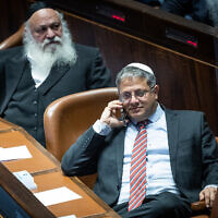 Head of the Otzma Yehudit party MK Itamar Ben Gvir seen during a plenum session in the assembly hall of the Knesset on November 21, 2022. (Yonatan Sindel/Flash90)