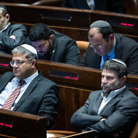 Itamar Ben Gvir, left, and Bezalel Smotrich at the Knesset on November 21, 2022. (Yonatan Sindel/Flash90)