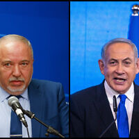Finance Minister and Israel Beytenu party chairman Avigdor Liberman (left) speaks during a faction meeting at the Knesset on November 15, 2022. Likud head Benjamin Netanyahu addresses his supporters on the night of the Israeli elections, at the party headquarters in Jerusalem, November 2, 2022.
(Olivier Fitoussi/Flash90)