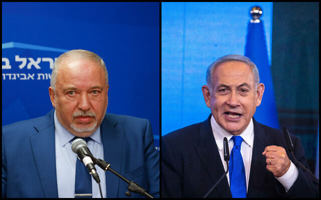 Finance Minister and Israel Beyteinu party chairman Avigdor Liberman (left) speaks during a faction meeting at the Knesset on November 15, 2022. Likud head Benjamin Netanyahu addresses his supporters on the night of the Israeli elections, at the party headquarters in Jerusalem, November 2, 2022.
(Olivier Fitoussi/Flash90)