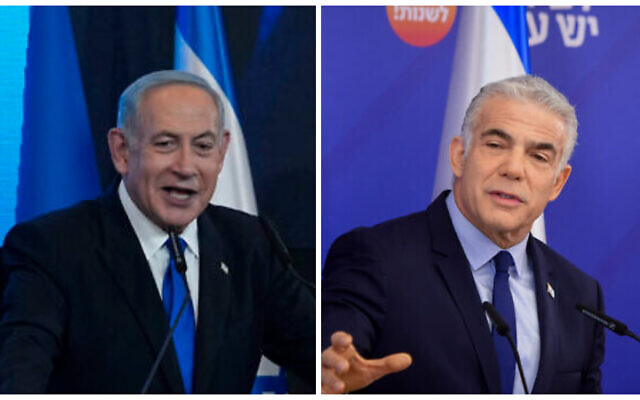 Likud leader Benjamin Netanyahu on November 2, 2022 (left); Outgoing prime minister Yair Lapid in Tel Aviv on October 18, 2022. (AP Photo/Tsafrir Abayov; Avshalom Sassoni/Flash90)