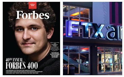 Left: Sam Bankman-Fried on the cover of the 40th annual Forbes 400 ranking issue (Business Wire/ AP). Right: FTX Arena on November 12, 2022. (AP Photo/Marta Lavandier, File)