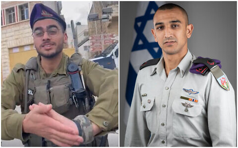 A Givati soldier (left) is seen confronting an activist in the West Bank city of Hebron, November 25, 2022, and then-Maj. Aviran Alfasi (right), now the commander of the Tzabar batallion, in April 2019. (Screenshot: Breaking the Silence; Israel Defense Forces)