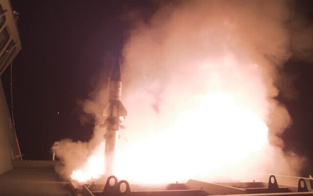 A C-Dome interceptor missile is fired from an Israeli naval ship in October 2022. (Defense Ministry)