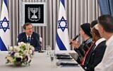 President Isaac Herzog (left) meets with representatives of the Religious Zionism party during consultations at the President's Residence in Jerusalem on November 10, 2022. (Kobi Gideon/GPO)