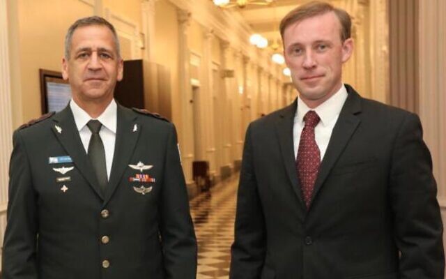 IDF Chief of Staff Aviv Kohavi (L) and US National Security Adviser Jake Sullivan meet in Washington on June 23, 2021. (Israel Defense Forces)