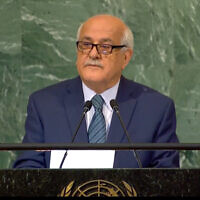 Palestinian UN envoy Riyad Mansour addresses the General Assembly in New York, November 30, 2022. (Screenshot/UN, used in accordance with Clause 27a of the Copyright Law)