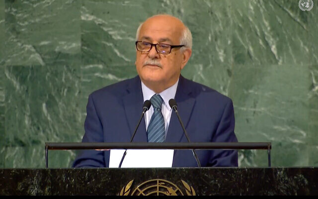 Palestinian UN envoy Riyad Mansour addresses the General Assembly in New York, November 30, 2022. (Screenshot/UN, used in accordance with Clause 27a of the Copyright Law)