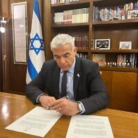 Prime Minister Yair Lapid sends a letter to over 50 nations asking them to pressure the PA to abandon its drive to refer the conflict to the International Court of Justice in The Hague (PMO)