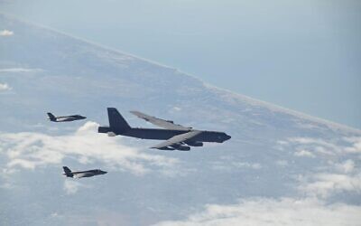 Israeli F-35 fighter jets escort an American B-52 bomber through Israeli airspace on November 10, 2022. (Israel Defense Forces)