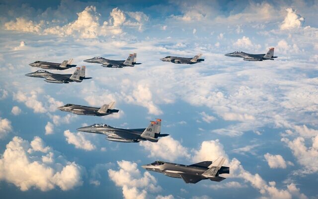 Israeli F-35i and American F-15 jets hold an exercise over Israel, November 29, 2022. (Israel Defense Forces)