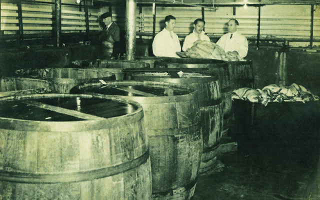 At the Vienna Beef factory in Chicago, pictured here in the 1950s, large wooden vats were used to cure pastrami and corned beef in spice-laden brine. (Vienna Beef Museum/ via the New-York
Historical Society)
