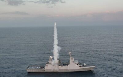 An LRAD missile is launched from the Sa’ar 6-class corvette INS Magen during a test in November 2022. (Israel Defense Forces)
