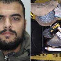 Fathi Ziad Zakot, a Palestinian from the Gaza Strip who is accused of planning a bombing attack on a bus in southern Israel, and the equipment that was seized. (Shin Bet)