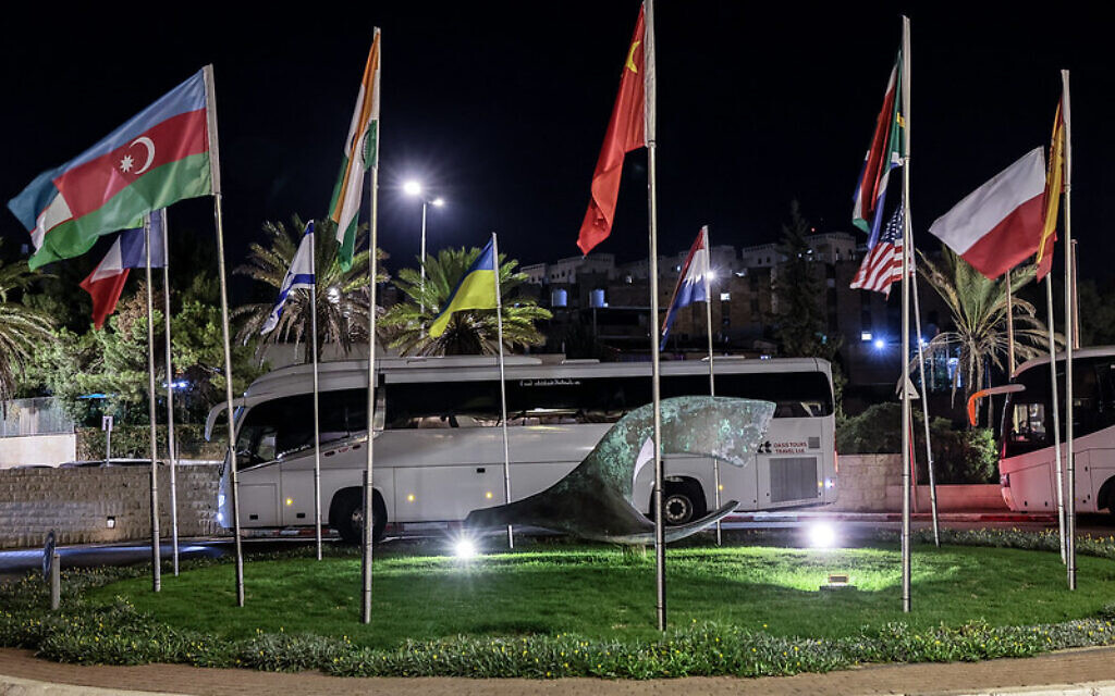 Flags outside the venue of the World Teams Chess Championship 2022 in Jerusalem. (Courtesy of FIDE/Mark Livshitz)