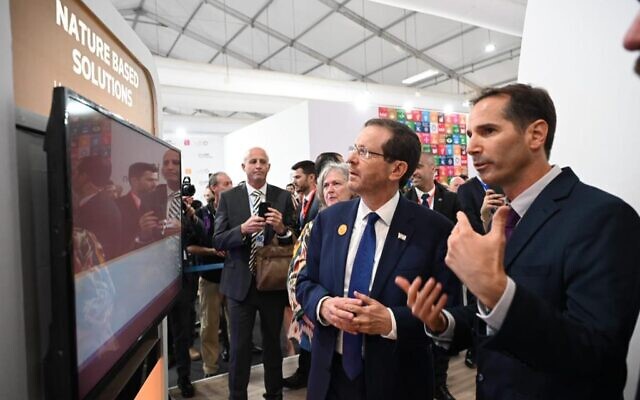 President Isaac Herzog inaugurates Israel's pavilion at the UN COP27 climate conference in Sharm el Sheikh, Egypt, November 7, 2022. (Haim Zach/ GPO)