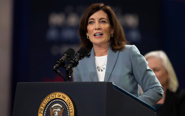New York Governor Kathy Hochul speaks about investments in microchip manufacturing in upstate New York at Onondaga Community College in Syracuse, New York, October 27, 2022. (AP Photo/Joshua Bessex)