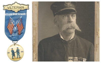 Right: An illustrative photo of Isidore Isaacs in Grand Army of the Republic uniform. He served that organization as Commander of the Department of New York in 1921. Left: The original HUVA (Hebrew Union Veterans of America) badge, produced in 1896. (Courtesy of National Museum of American Jewish Military History/ NYU Press/ Shapell Foundation)