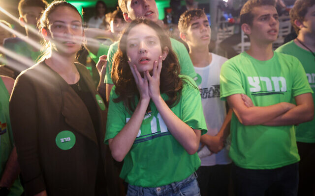 Meretz party supporters react as election exit polls are announced, in Jerusalem November 1, 2022. (Flash90)