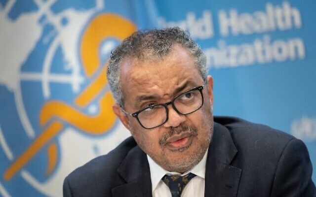 WHO Director-General Tedros Adhanom Ghebreyesus gives a press conference at the World Health Organization's headquarters in Geneva, on December 14, 2022. (Photo by Fabrice COFFRINI / AFP)