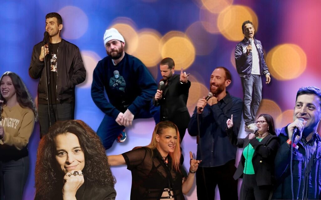As antisemitism spends months in the pop culture spotlight, Jewish comedians tackle the hate onstage and on social media. (Various screenshots via YouTube; Photos courtesy; Design by Jackie Hajdenberg/ JTA)