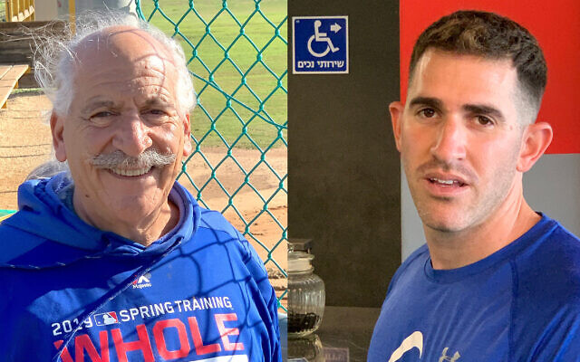 David Leichman, left, stands behind the backstop at the baseball field he helped build at Kibbutz Gezer in Israel, where his son Alon, right, learned the game that has brought him to the major leagues. (Elli Wohlgelernter/ JTA)