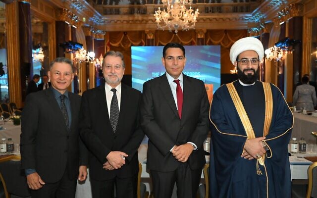 From left to right: Pastor Carlos Luna Lam, Rabbi Elie Abadie, Ambassador Danny Danon and Imam Mohammad Tawhidi at the First Annual Abraham Accords Global Leadership Summit in Rome, December 8, 2022. (Courtesy)