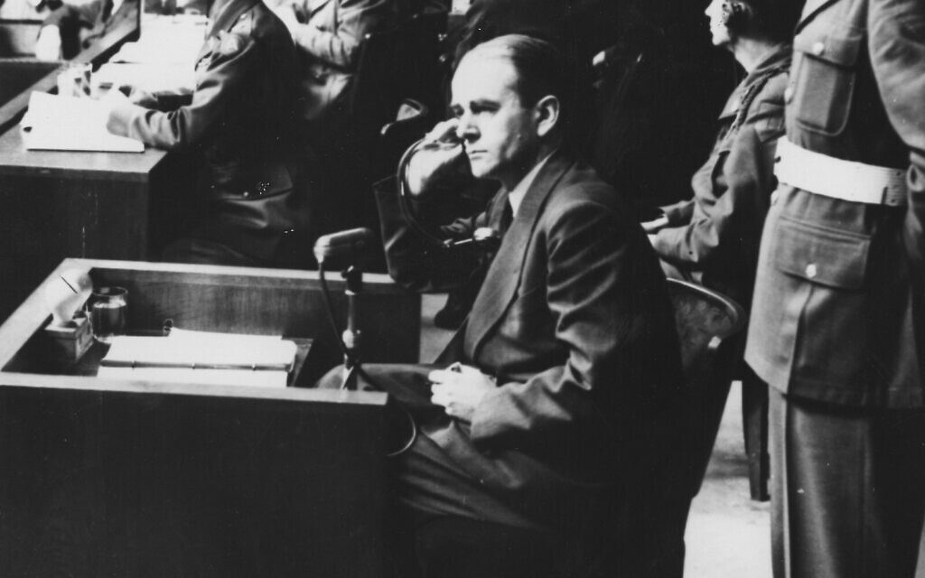 FILE - In this September 12, 1946 file photo, Albert Speer, Hitler's former architect and armament minister during WW II, a defendant in the war crimes trial at Nuremberg, Germany is pictured in court in Nuremberg. (AP Photo, file)