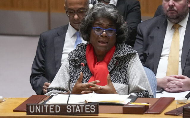 United States Ambassador to the United Nations Linda Thomas-Greenfield speaks during a meeting of the Security Council at UN headquarters, November 21, 2022. (Seth Wenig/AP)