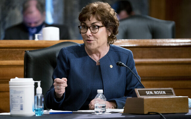 Sen. Jacky Rosen, a Nevada Democrat, speaks during a Senate Homeland Security and Governmental Affairs Committee hearing, Sept. 21, 2021 on Capitol Hill in Washington. (Greg Nash/Pool via AP)