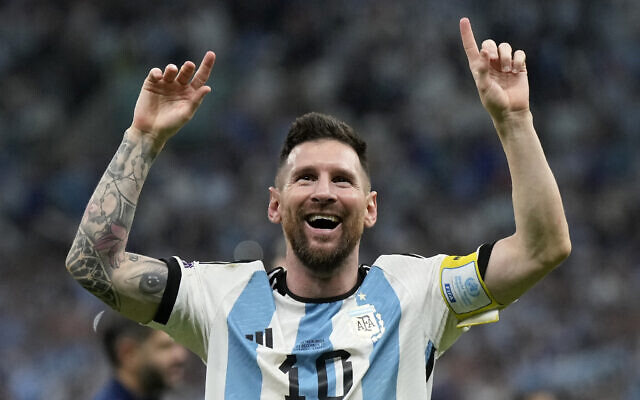 Argentina's Lionel Messi celebrates at the end of the World Cup quarterfinal soccer match between the Netherlands and Argentina, at the Lusail Stadium in Lusail, Qatar, Saturday, Dec. 10, 2022. Argentina defeated the Netherlands 4-3 in a penalty shootout after the match ended tied 2-2. (AP/Ricardo Mazalan)