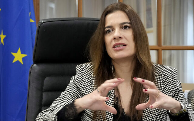 Cyprus Energy Minister Natasa Pilides gestures during an interview with The Associated Press at the Energy ministry in the capital Nicosia, Cyprus, December 19, 2022. (AP Photo/Petros Karadjias)