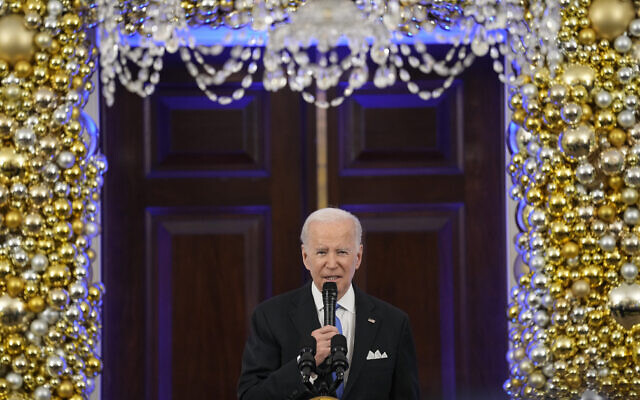 US President Joe Biden speaks during a Hanukkah holiday reception at the White House in Washington, December 19, 2022. (AP Photo/Susan Walsh)